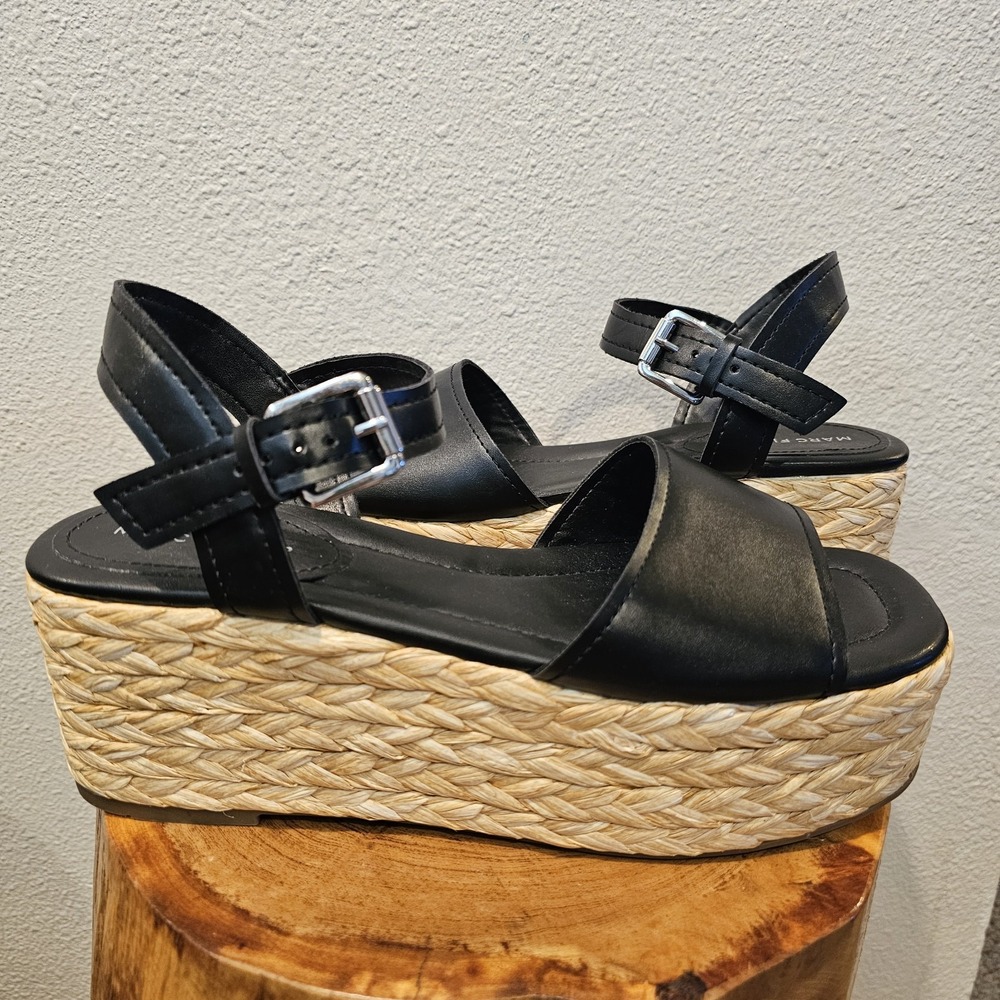 Marc Fisher Jellard Espadrille Platform Sandal Black Jute Women's Size 9.5 M